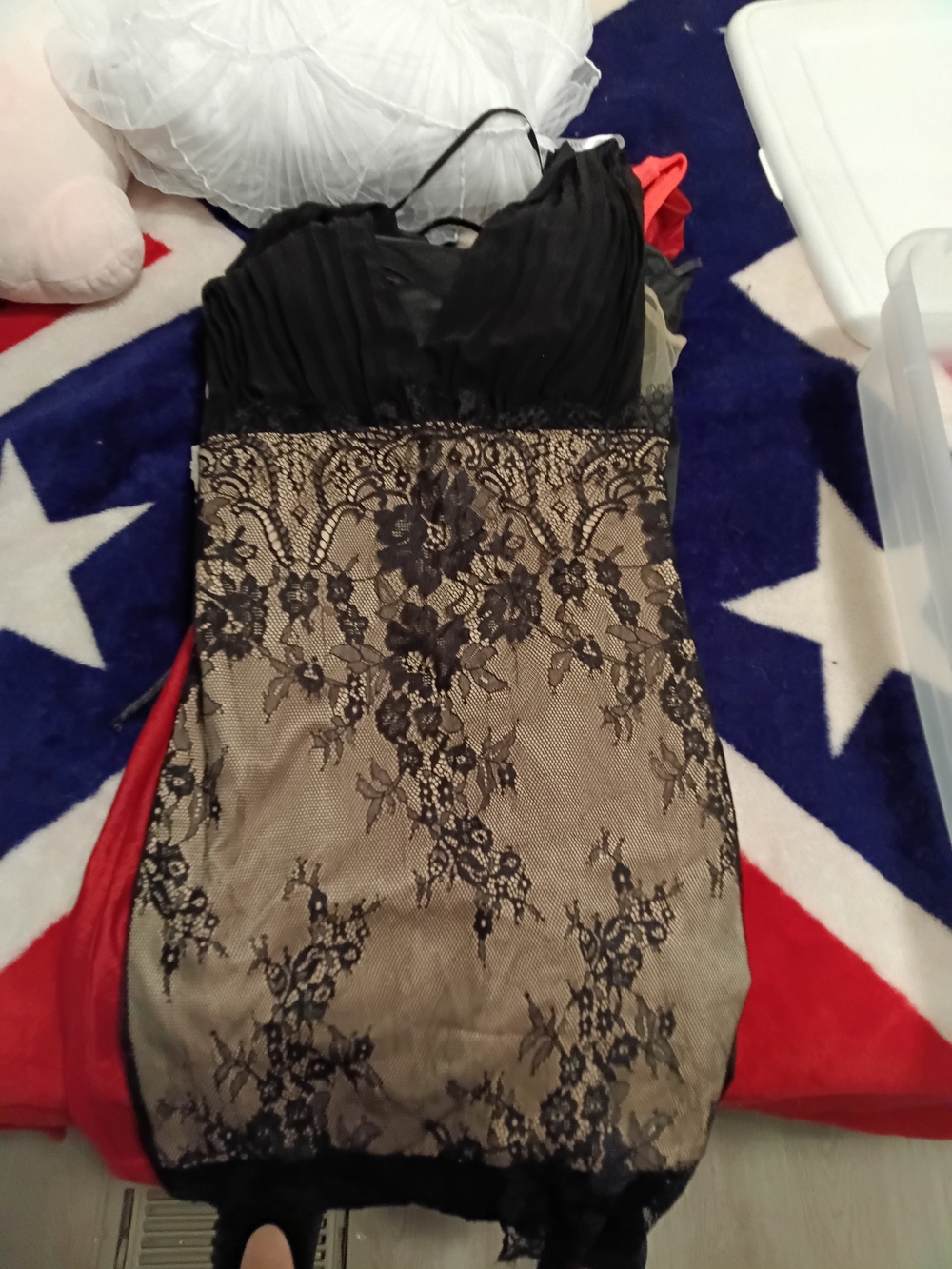 bebe Black Lace-Overlay Mini Dress with Cream Underlay